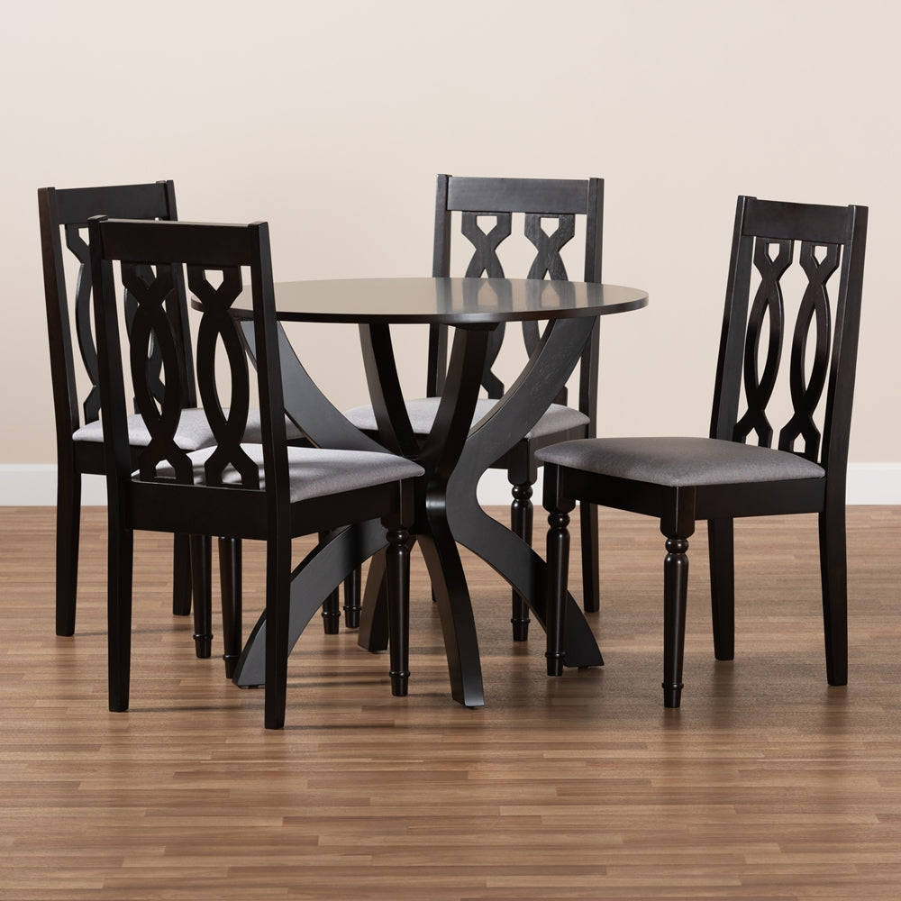 Mona Modern and Contemporary Grey Fabric Upholstered and Dark Brown Finished Wood 5-Piece Dining Set