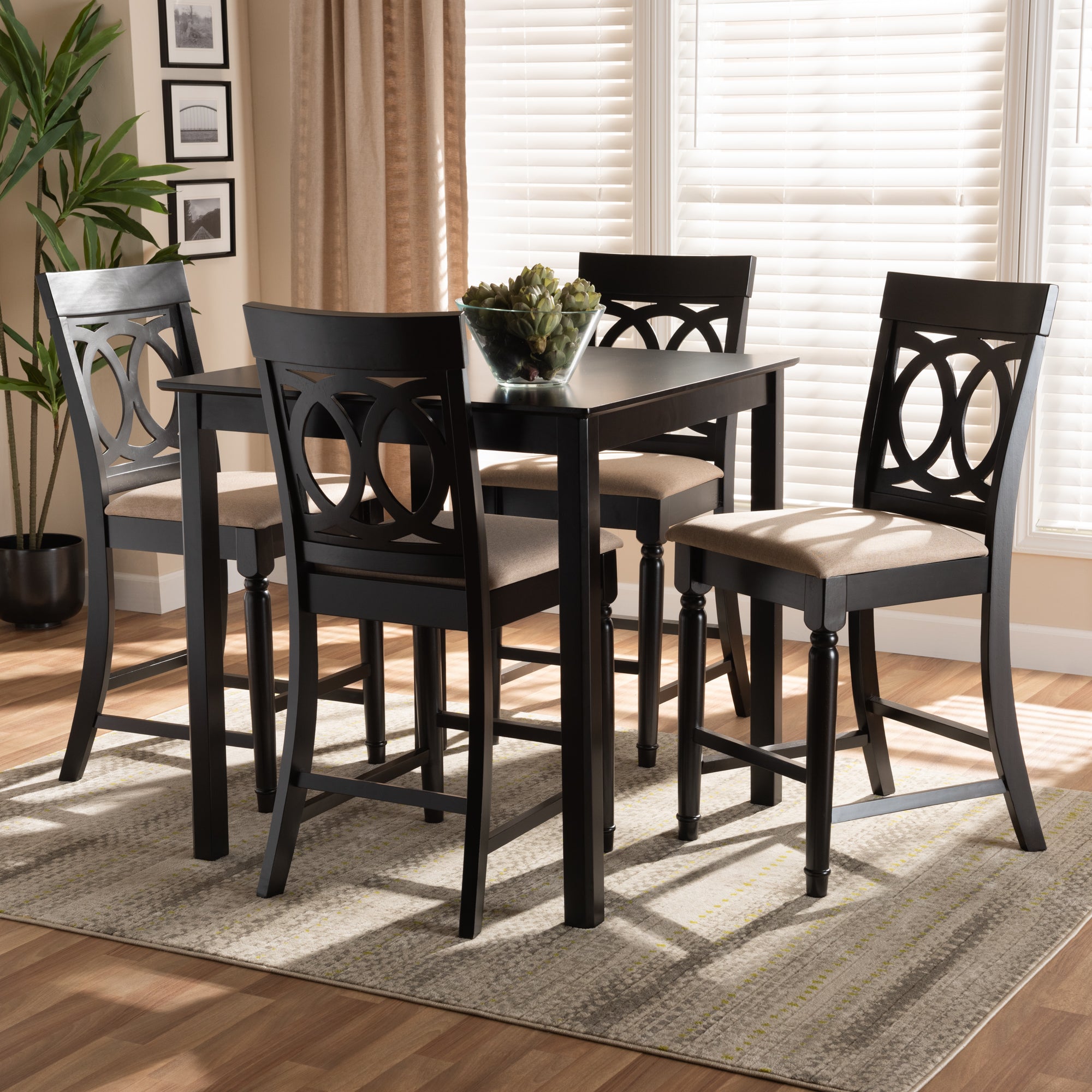 Verina Modern and Contemporary Sand Fabric Upholstered Espresso Brown Finished 5-Piece Wood Pub Set