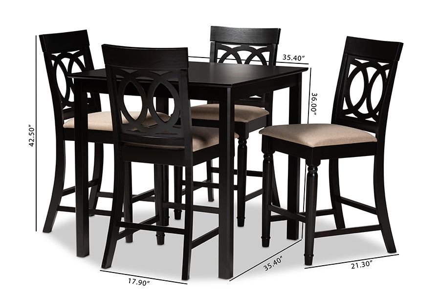 Verina Modern and Contemporary Sand Fabric Upholstered Espresso Brown Finished 5-Piece Wood Pub Set
