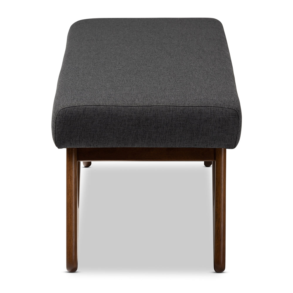 Rika Mid-Century Modern Dark Grey Fabric Upholstered Walnut Brown Finished Boomerang Bench