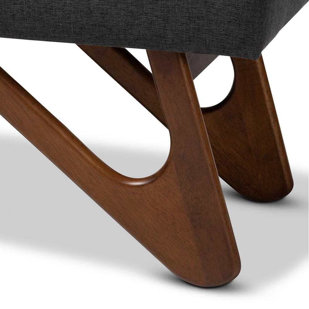 Rika Mid-Century Modern Dark Grey Fabric Upholstered Walnut Brown Finished Boomerang Bench