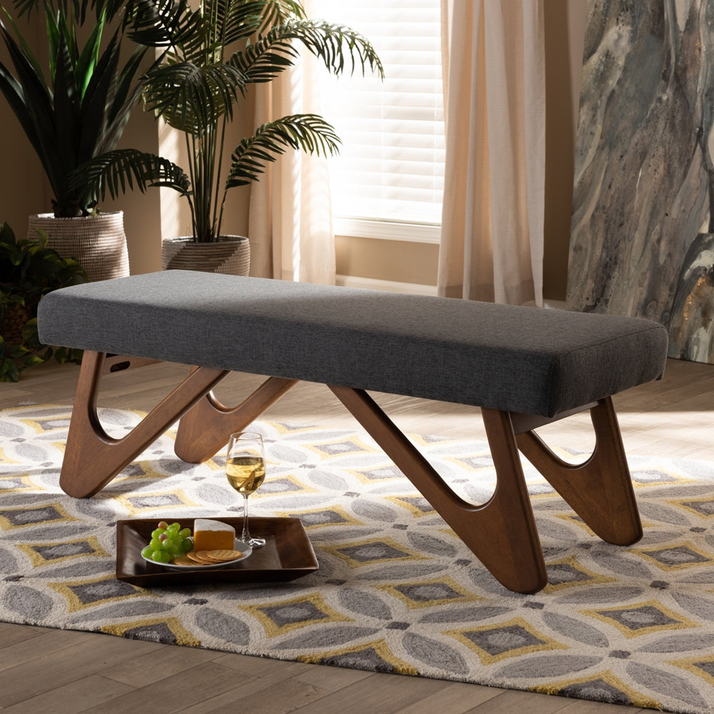 Rika Mid-Century Modern Dark Grey Fabric Upholstered Walnut Brown Finished Boomerang Bench