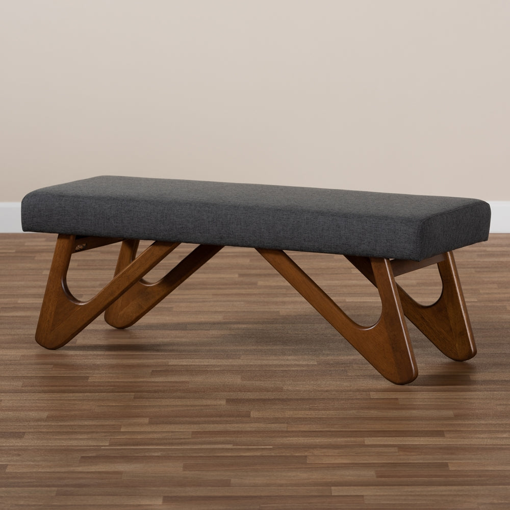 Rika Mid-Century Modern Dark Grey Fabric Upholstered Walnut Brown Finished Boomerang Bench
