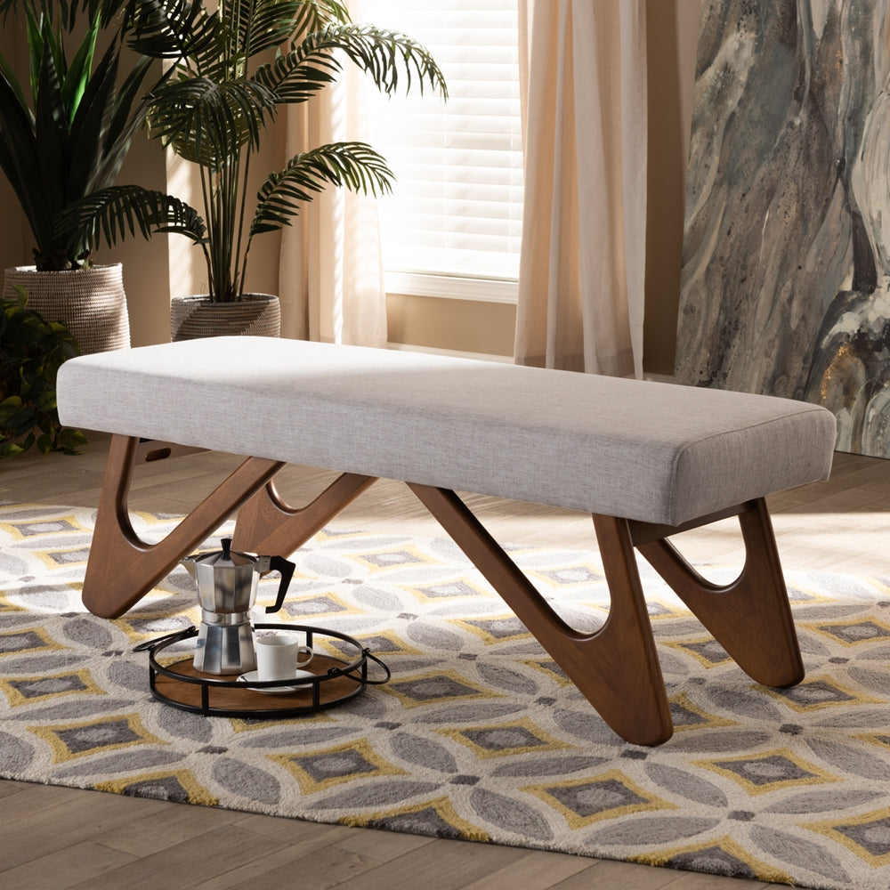 Rika Mid-Century Modern Greyish Beige Fabric Upholstered Walnut Brown Finished Boomerang Bench