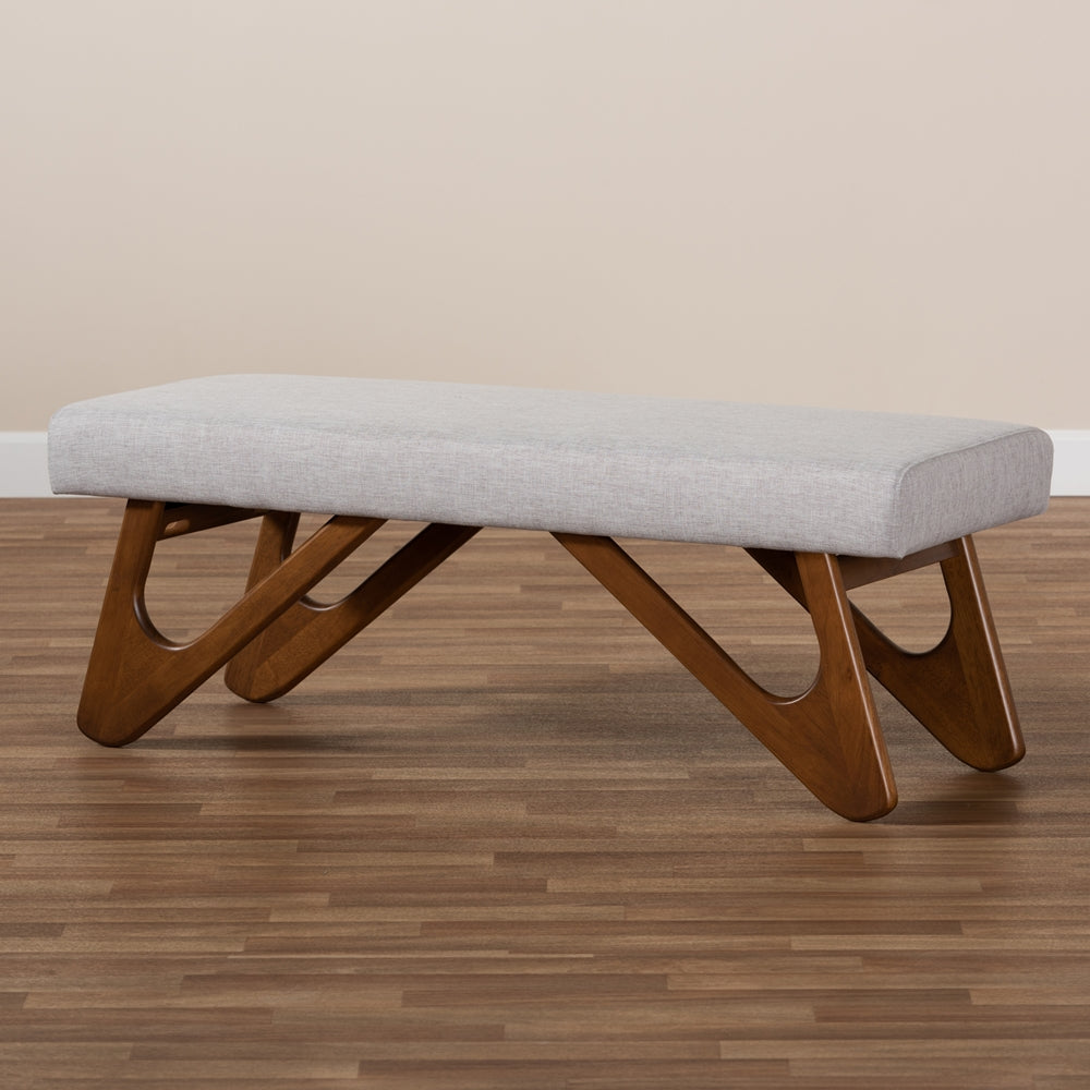 Rika Mid-Century Modern Greyish Beige Fabric Upholstered Walnut Brown Finished Boomerang Bench