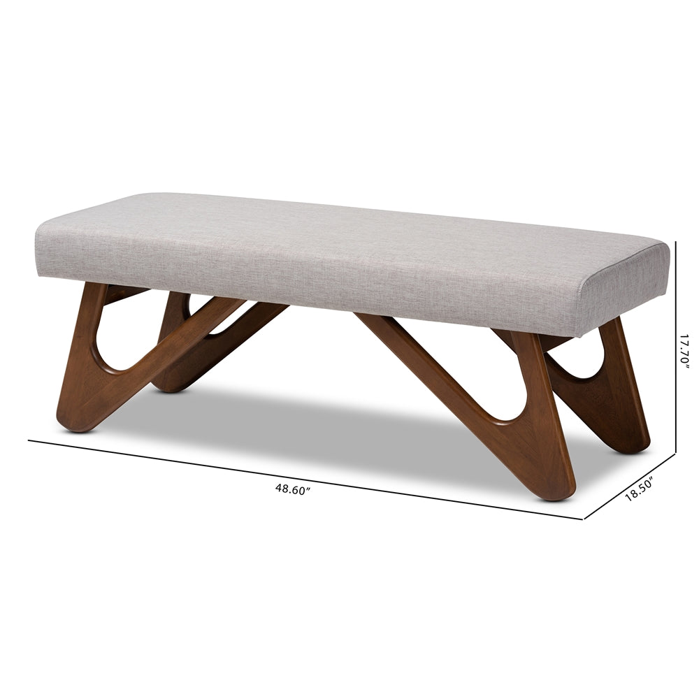 Rika Mid-Century Modern Greyish Beige Fabric Upholstered Walnut Brown Finished Boomerang Bench