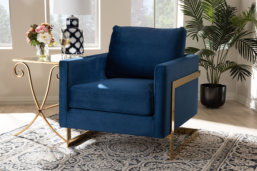 Matteo and Royal Blue Velvet Fabric Upholstered Gold Finished Armchair
