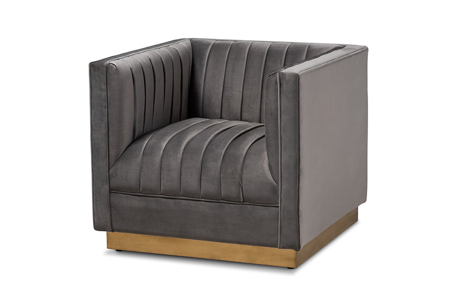 Aveline and Grey Velvet Fabric Upholstered Brushed Gold Finished Armchair