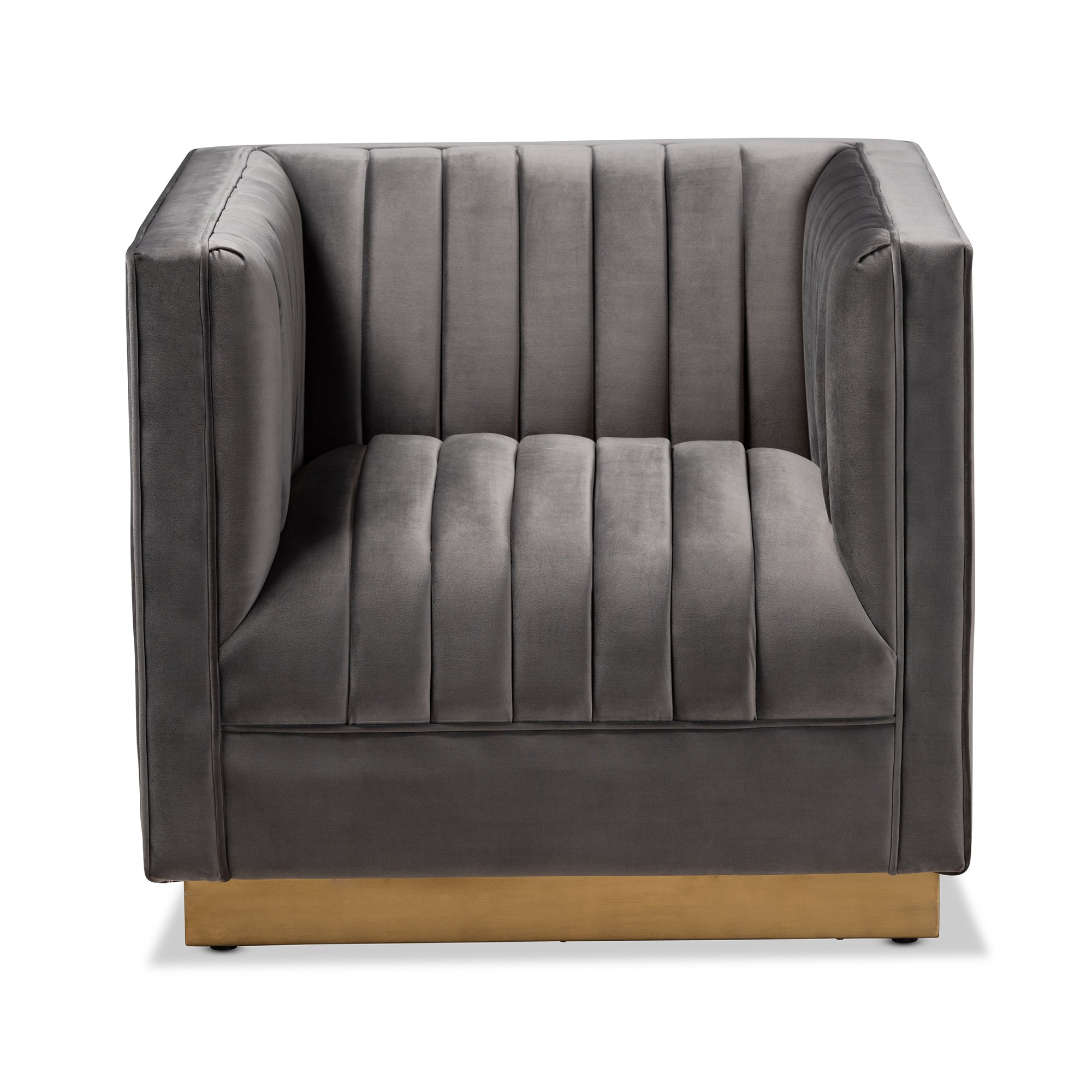 Baxton Studio Aveline Glam and Luxe Grey Velvet Fabric Upholstered Brushed Gold Finished Armchair
