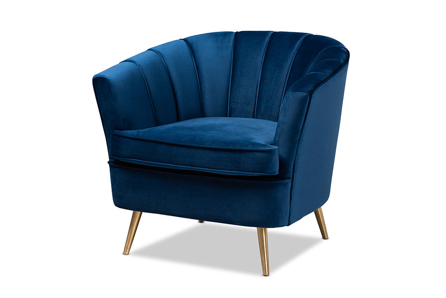 Emeline and Navy Blue Velvet Fabric Upholstered Brushed Gold Finished Accent Chair
