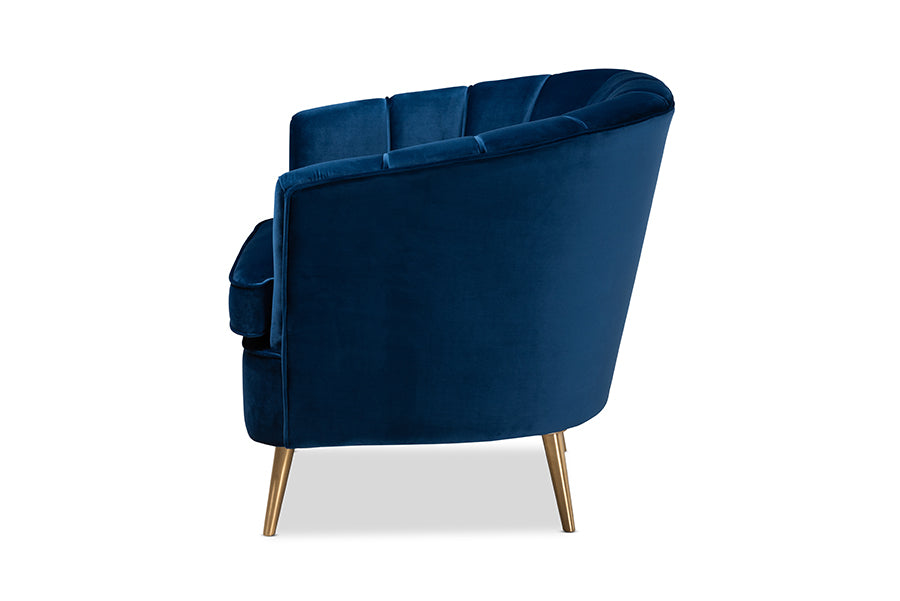 Emeline and Navy Blue Velvet Fabric Upholstered Brushed Gold Finished Accent Chair