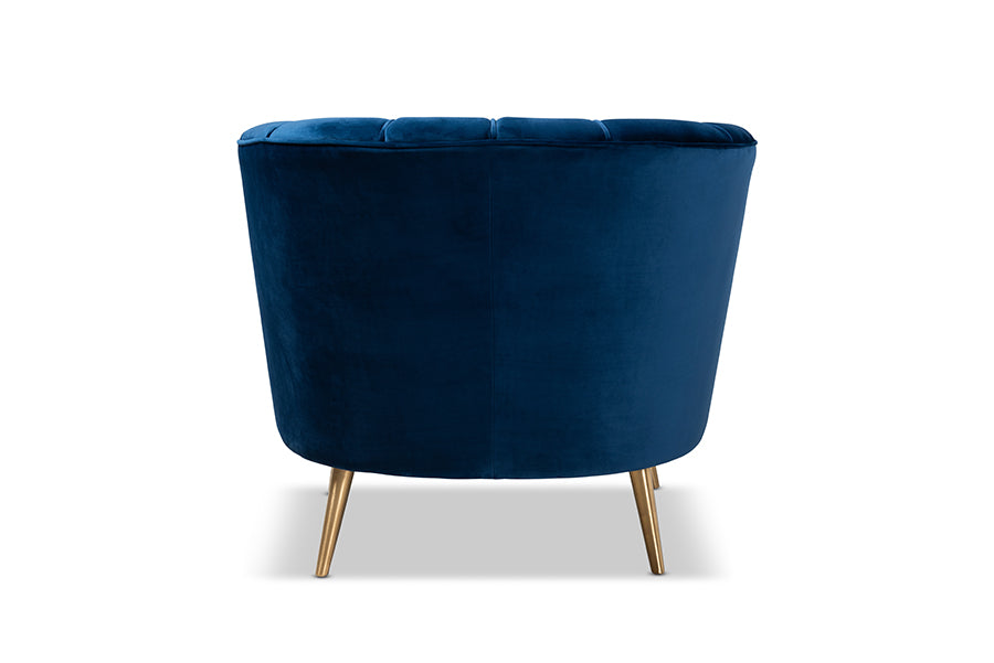 Emeline and Navy Blue Velvet Fabric Upholstered Brushed Gold Finished Accent Chair