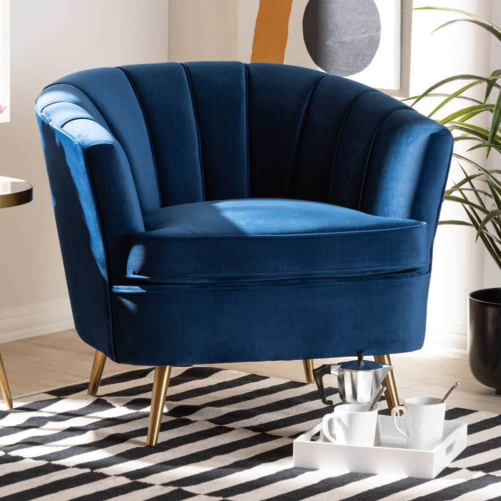 Emeline and Navy Blue Velvet Fabric Upholstered Brushed Gold Finished Accent Chair