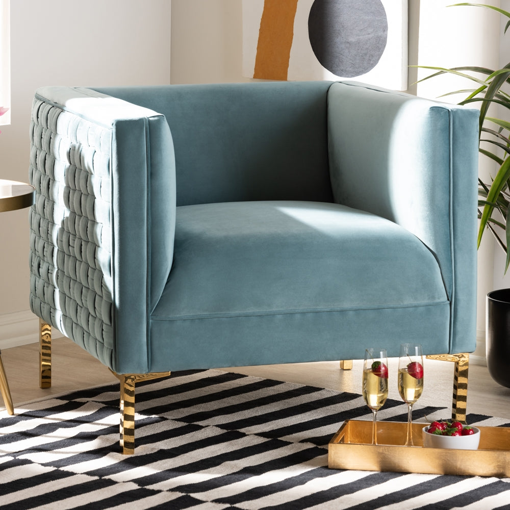 Seraphin and Light Blue Velvet Fabric Upholstered Gold Finished Armchair
