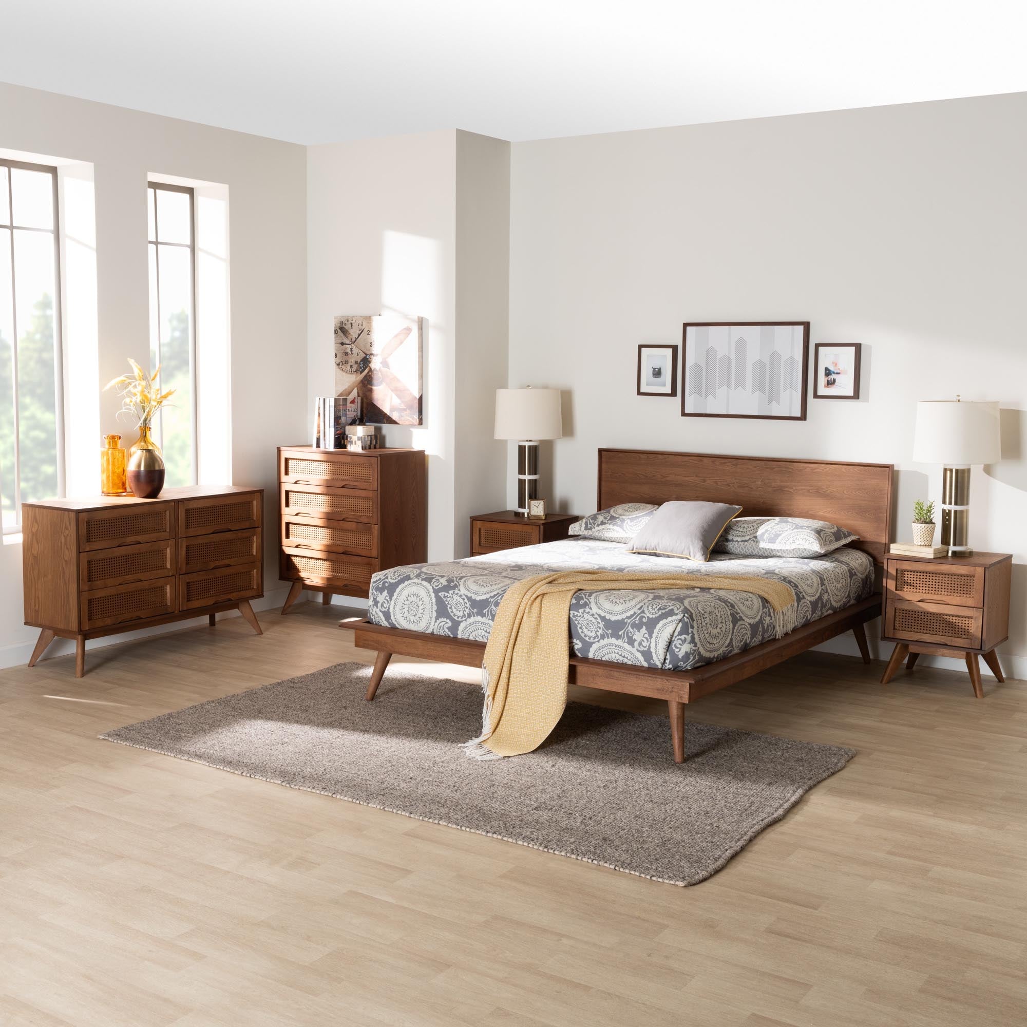 Orbit Full Size Rubberwood Mid-Century Modern Bedroom Set – 5-Piece Walnut Brown with Rattan