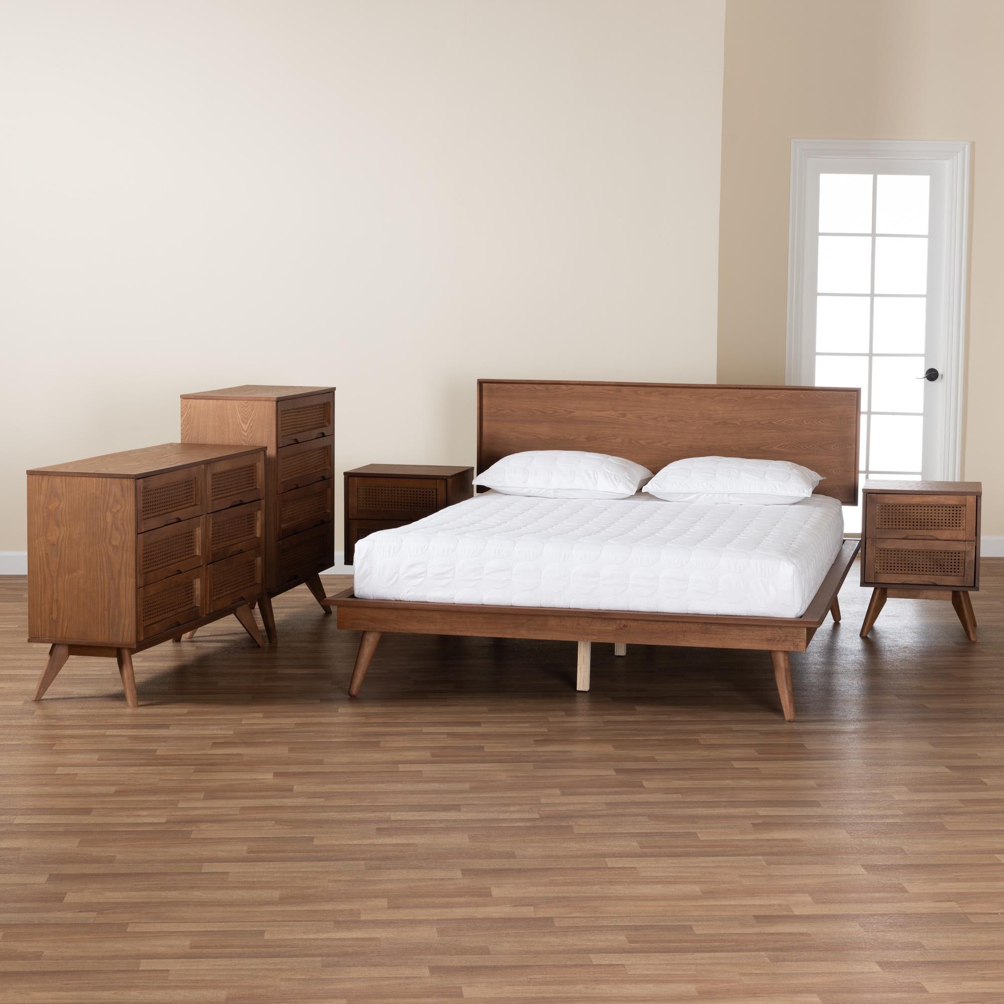 Orbit Full Size Rubberwood Mid-Century Modern Bedroom Set – 5-Piece Walnut Brown with Rattan