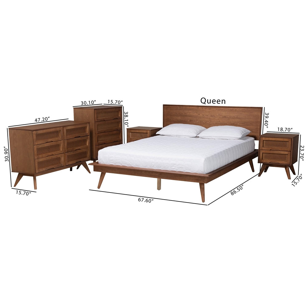 Harding Queen Rubberwood Mid-Century Bedroom Set – 5-Piece Platform Set with Storage