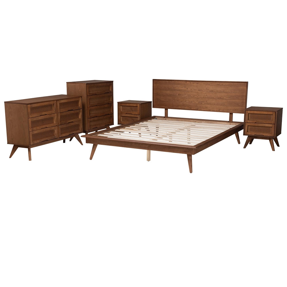Dennehy King Size Walnut Wood Platform Bedroom Set – Mid-Century Modern 5-Piece with Rattan