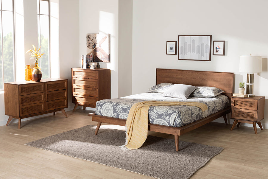 Embick King Walnut Brown Wood and Rattan Bedroom Set Mid-Century Modern 4-Piece