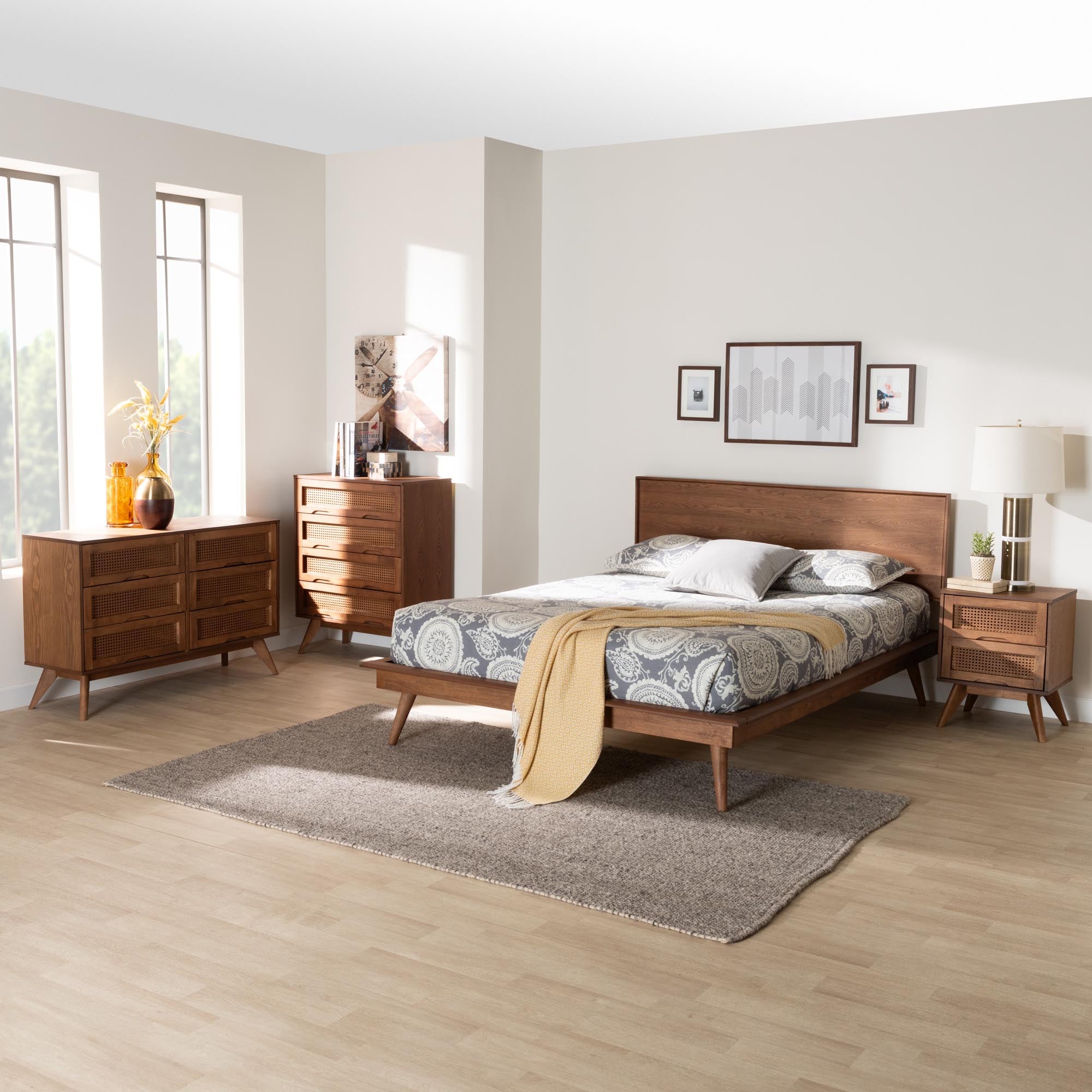 Coolidge Queen Walnut Brown Wood Bedroom Set – Mid-Century Modern 4-Piece with Rattan Details