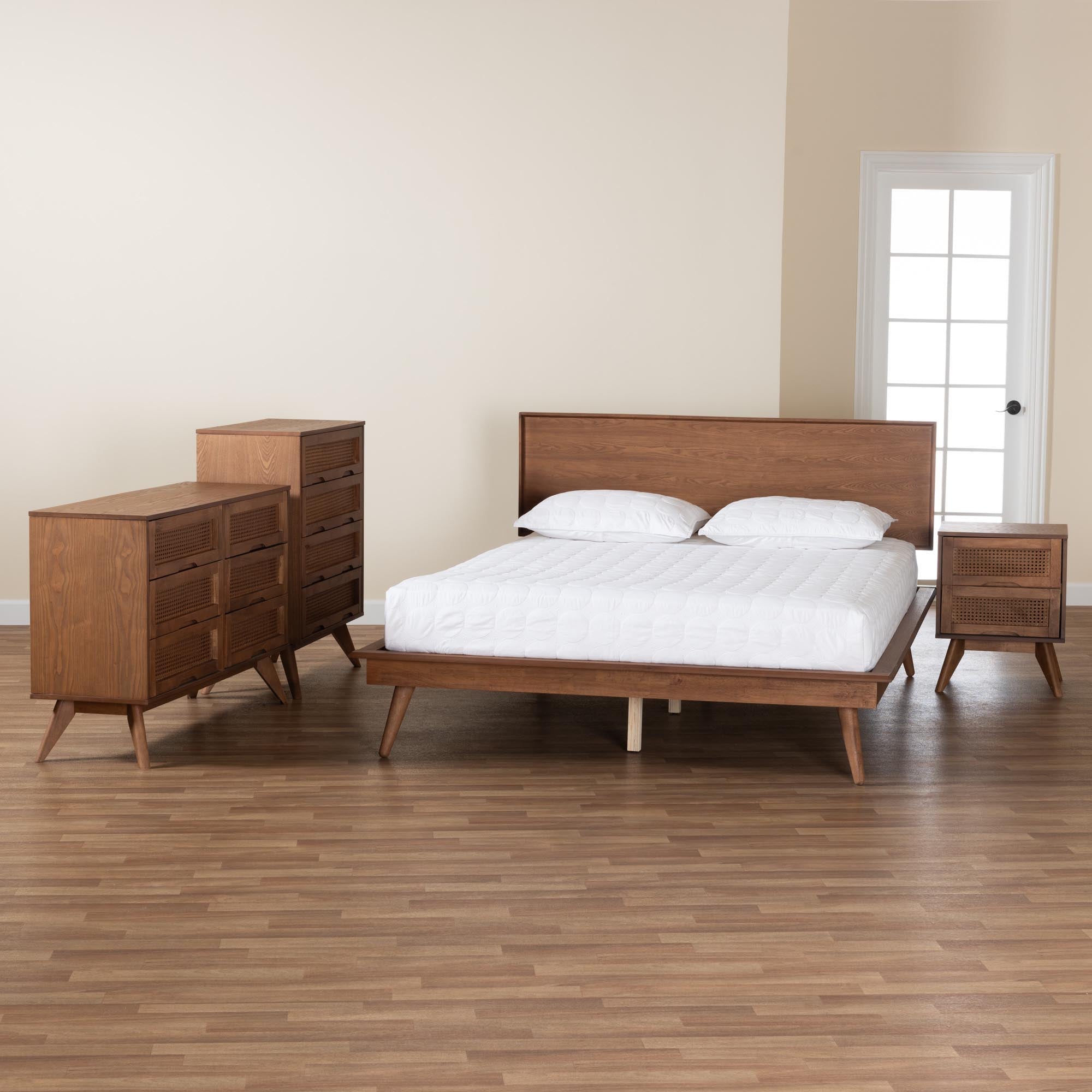 Embick King Walnut Brown Wood and Rattan Bedroom Set – Mid-Century Modern 4-Piece