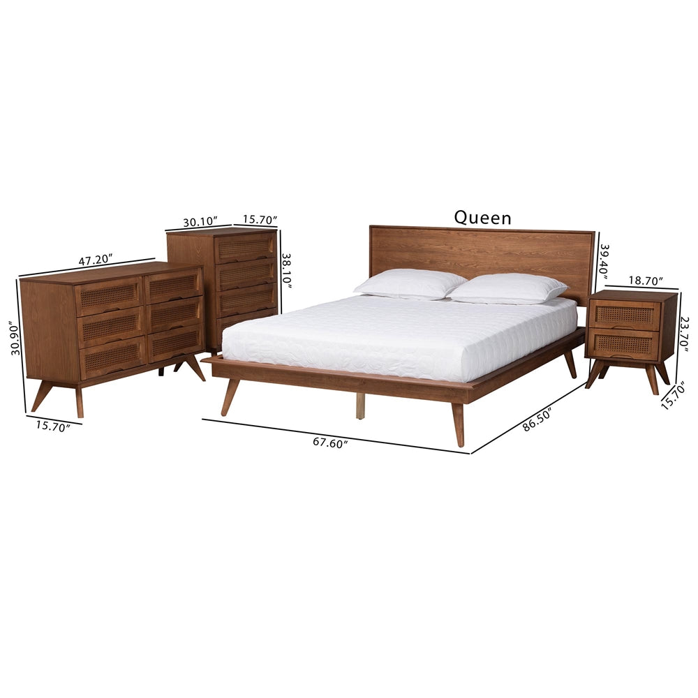 Coolidge Queen Walnut Brown Wood Bedroom Set – Mid-Century Modern 4-Piece with Rattan Details