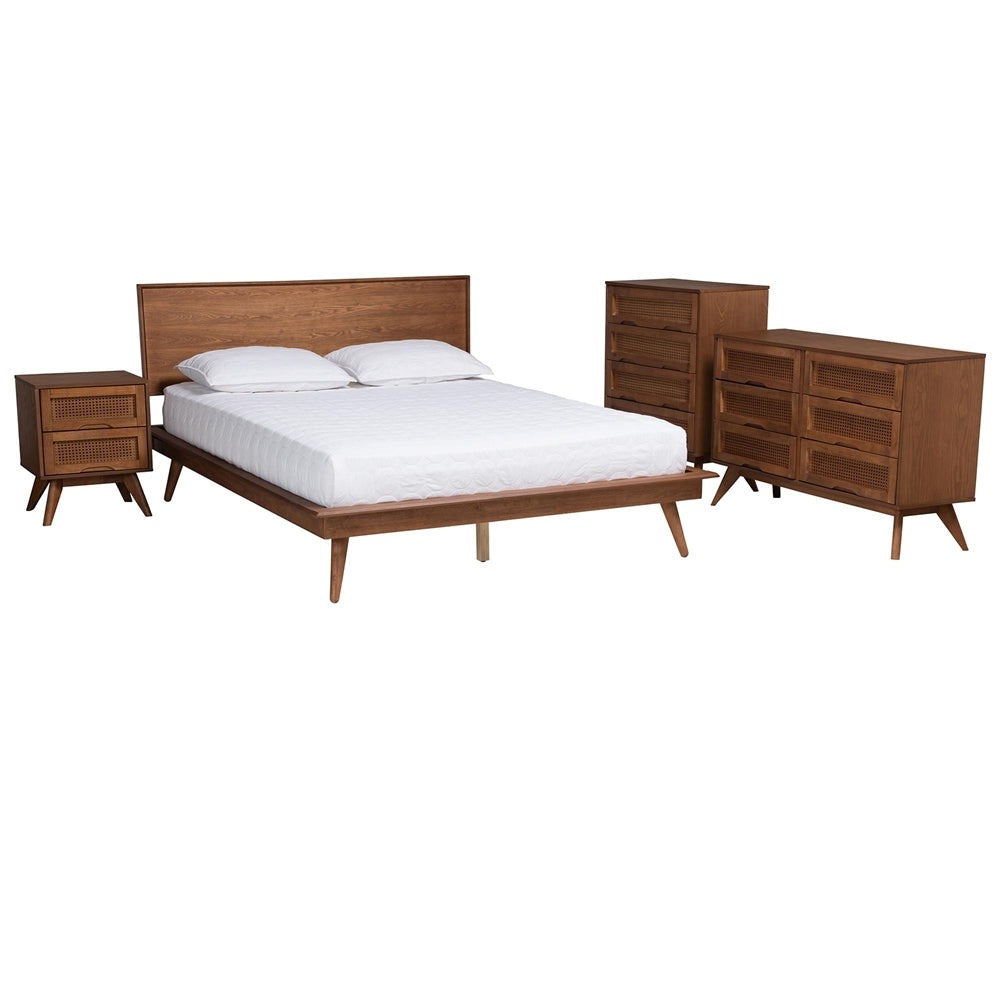 Coolidge Queen Walnut Brown Wood Bedroom Set – Mid-Century Modern 4-Piece with Rattan Details