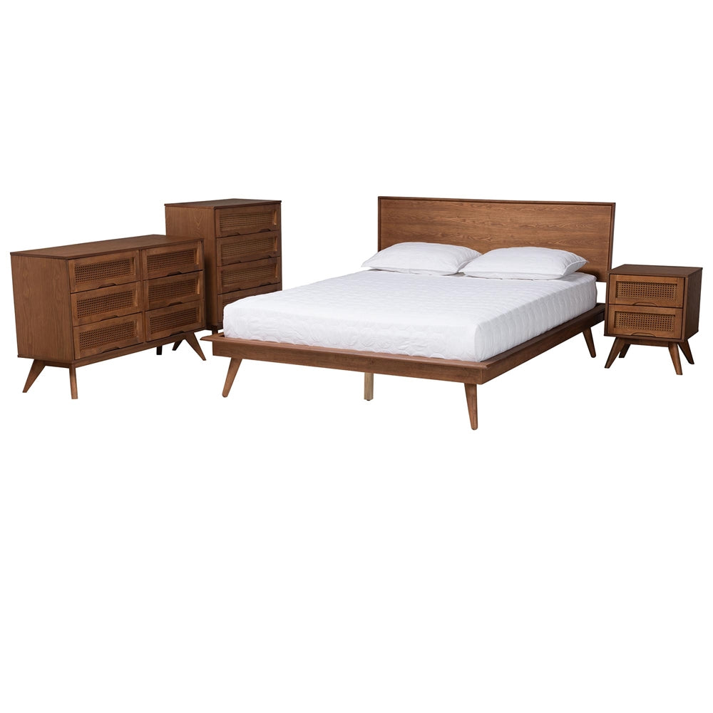 Embick King Walnut Brown Wood and Rattan Bedroom Set Mid-Century Modern 4-Piece