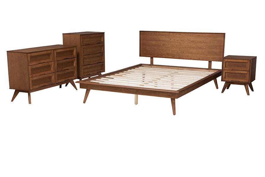 Embick King Walnut Brown Wood and Rattan Bedroom Set Mid-Century Modern 4-Piece