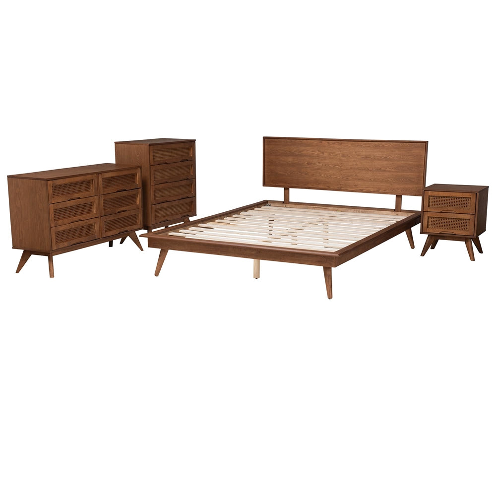 Coolidge Queen Walnut Brown Wood Bedroom Set – Mid-Century Modern 4-Piece with Rattan Details