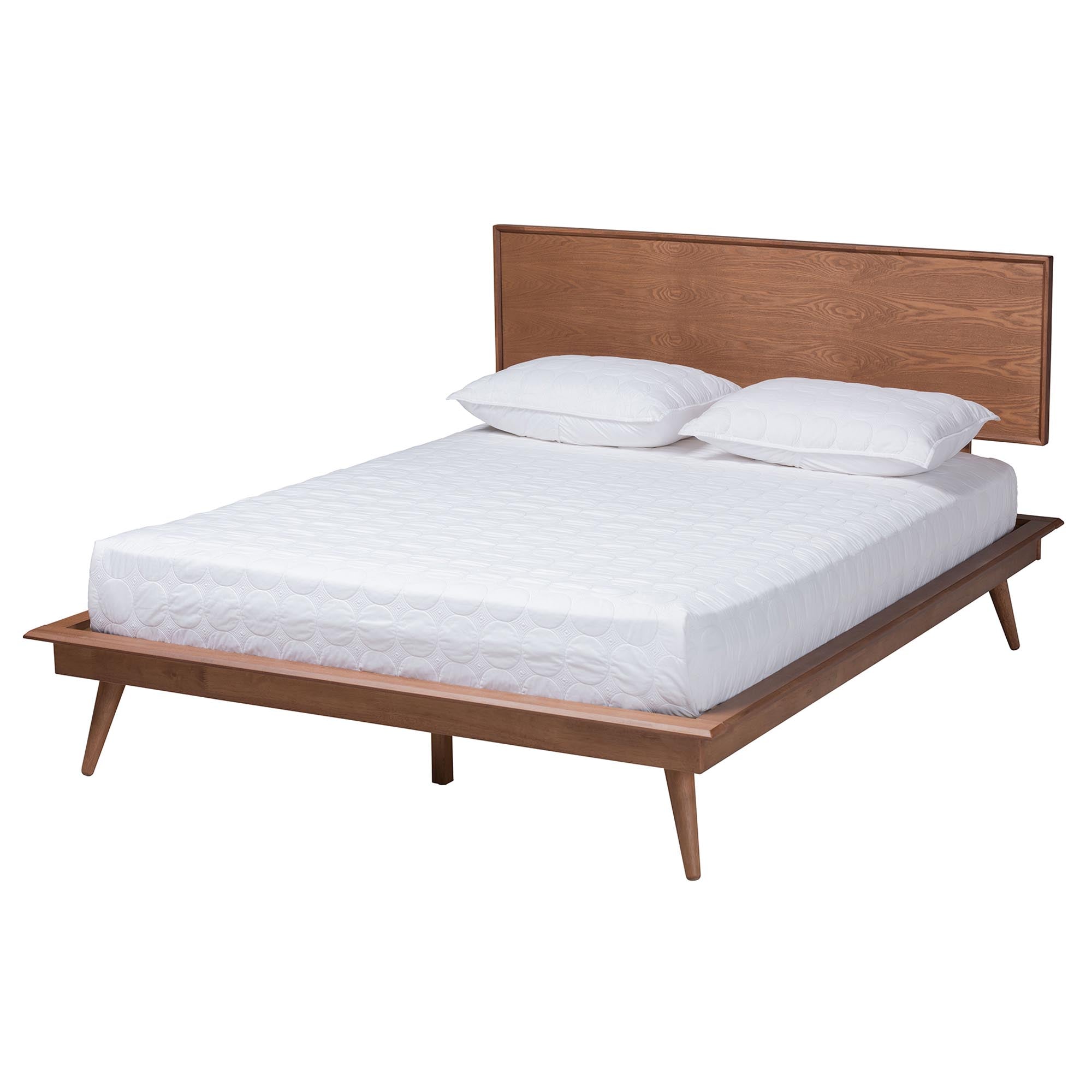 Everdon Full Size Platform Bedroom Set – Mid-Century Modern Walnut Brown Wood & Rattan 4-Piece