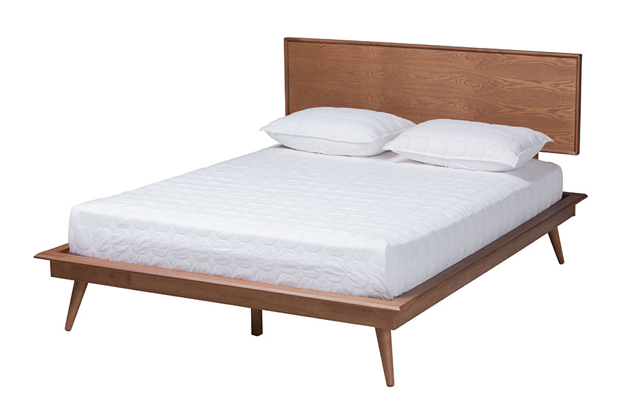 Embick King Walnut Brown Wood and Rattan Bedroom Set Mid-Century Modern 4-Piece