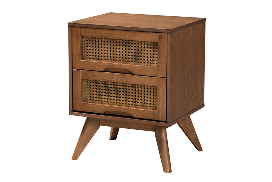 Embick King Walnut Brown Wood and Rattan Bedroom Set Mid-Century Modern 4-Piece
