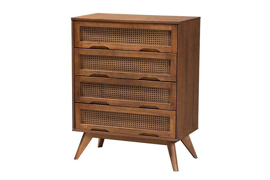 Embick King Walnut Brown Wood and Rattan Bedroom Set Mid-Century Modern 4-Piece