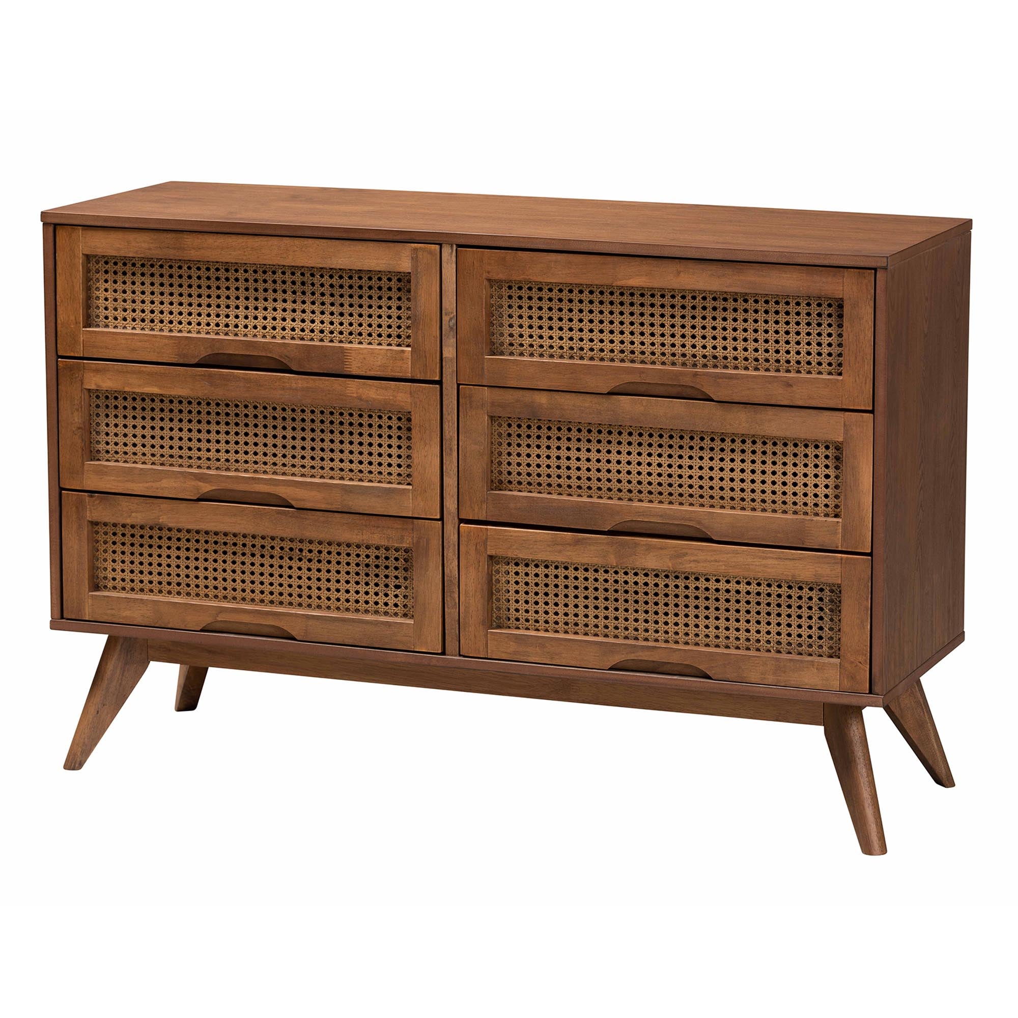 Everdon Full Size Platform Bedroom Set – Mid-Century Modern Walnut Brown Wood & Rattan 4-Piece