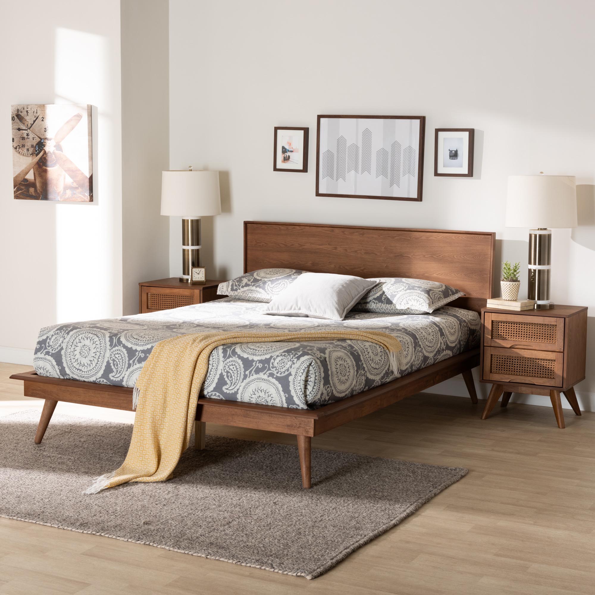 Goodwin King Walnut Rattan Bedroom Set – Mid-Century Modern Platform Bed with Nightstands