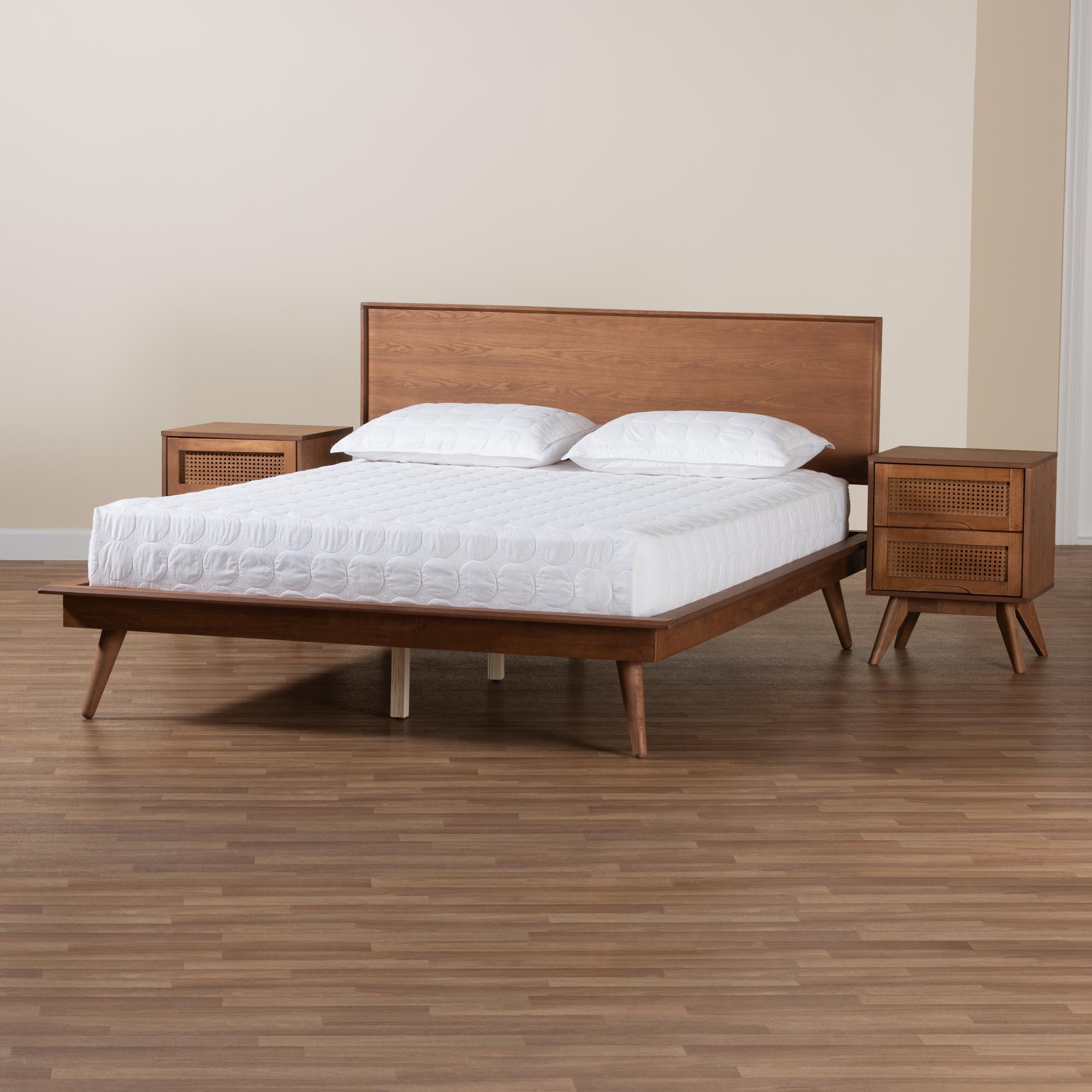 Roanoke Queen Mid-Century Modern Wood Platform Bed Set – 3-Piece Walnut Brown with Rattan