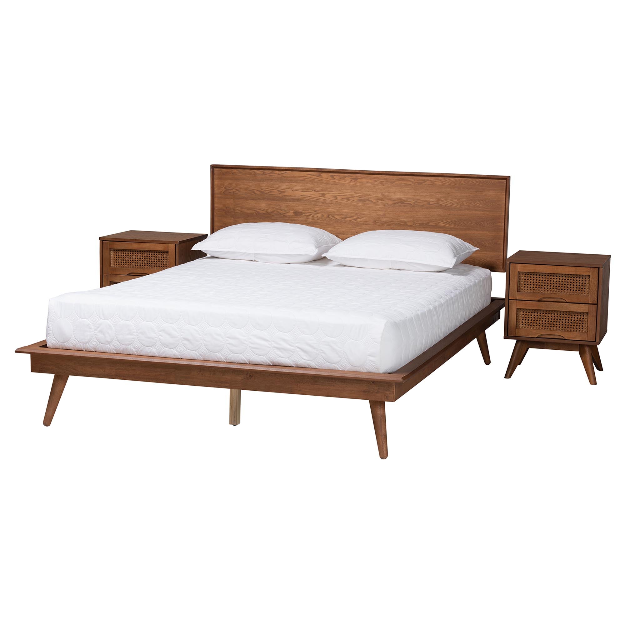 Roanoke Queen Mid-Century Modern Wood Platform Bed Set – 3-Piece Walnut Brown with Rattan