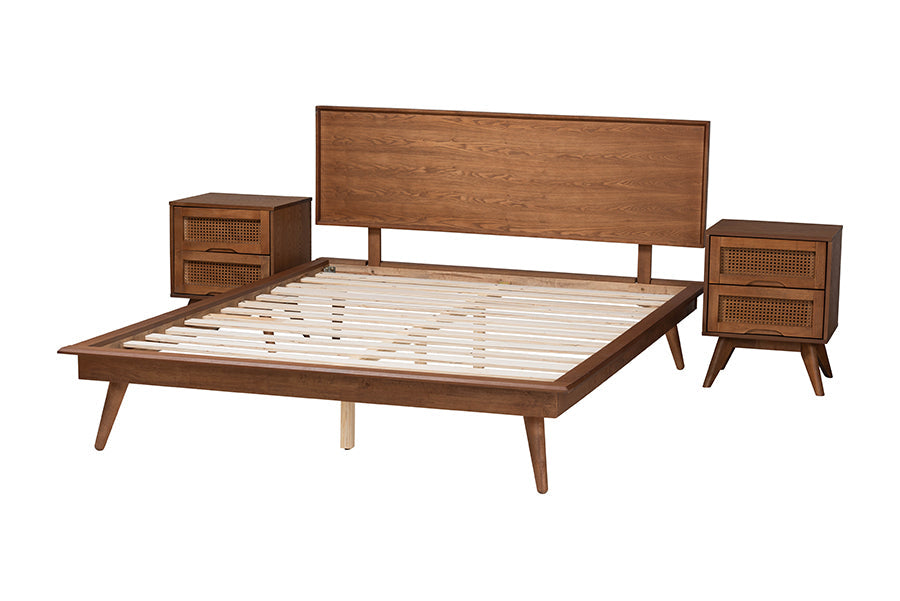 Massey Mid-Century Modern Full Size Bedroom Set – Walnut Brown Wood Platform Bed with 2 Nightstands