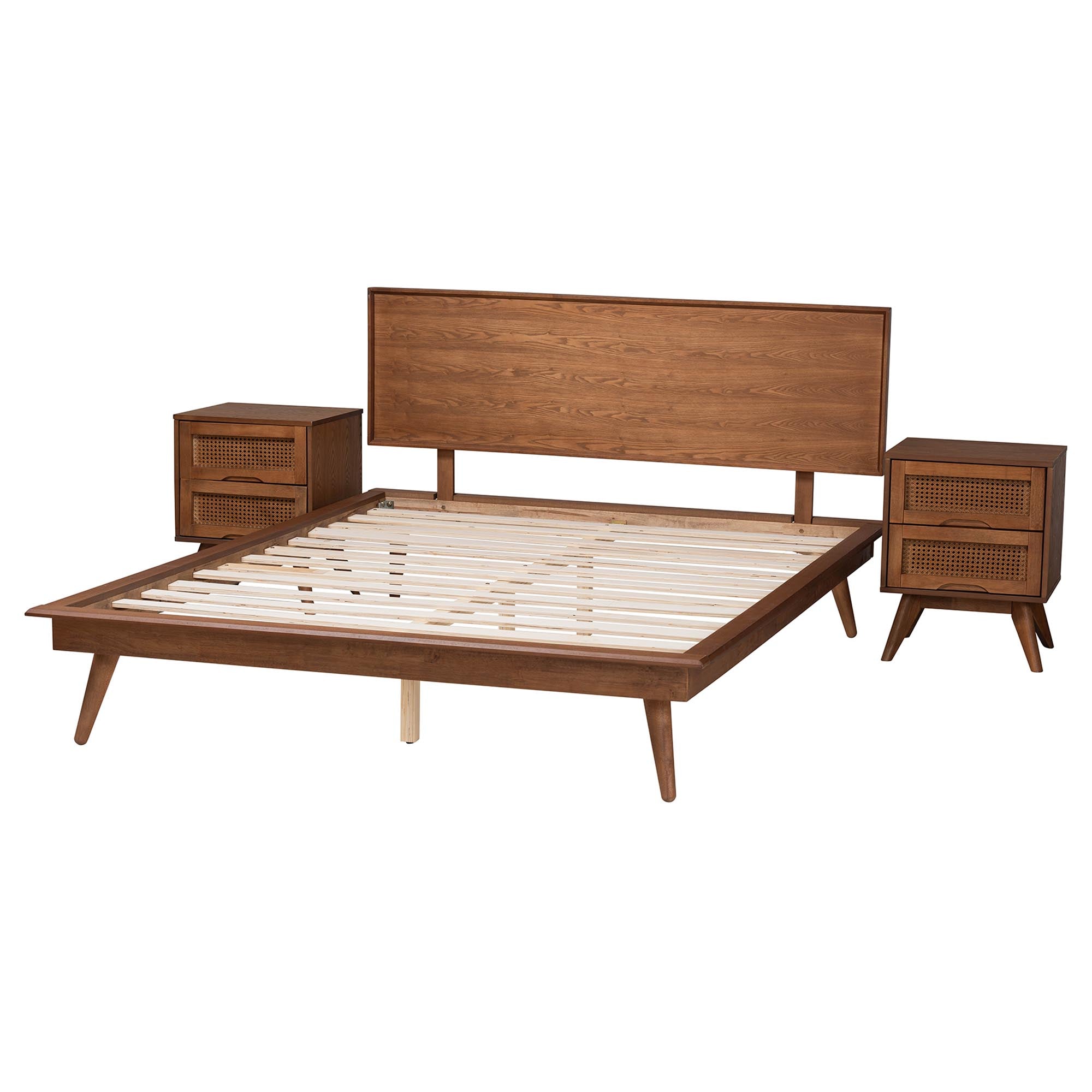 Roanoke Queen Mid-Century Modern Wood Platform Bed Set – 3-Piece Walnut Brown with Rattan