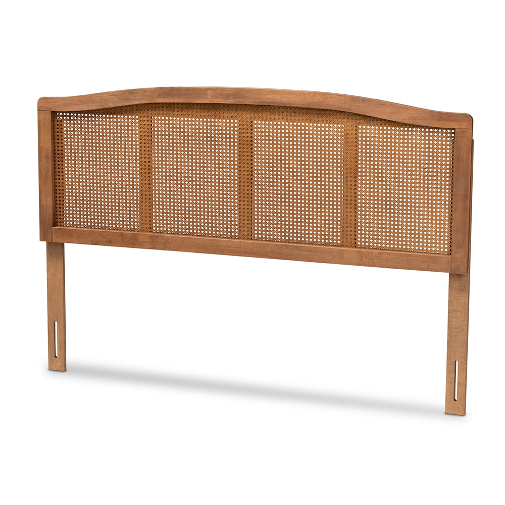Marieke Mid-Century Modern Ash Wanut Finished Wood and Synthetic Rattan Full Size Headboard