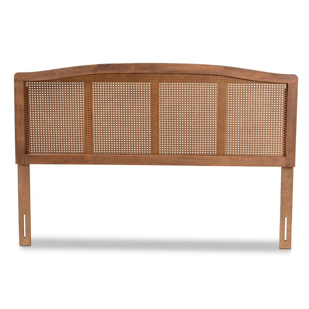 Marieke Mid-Century Modern Ash Wanut Finished Wood and Synthetic Rattan King Size Headboard