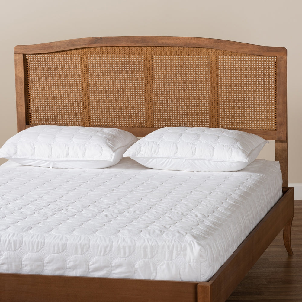 Marieke Mid-Century Modern Ash Wanut Finished Wood and Synthetic Rattan King Size Headboard
