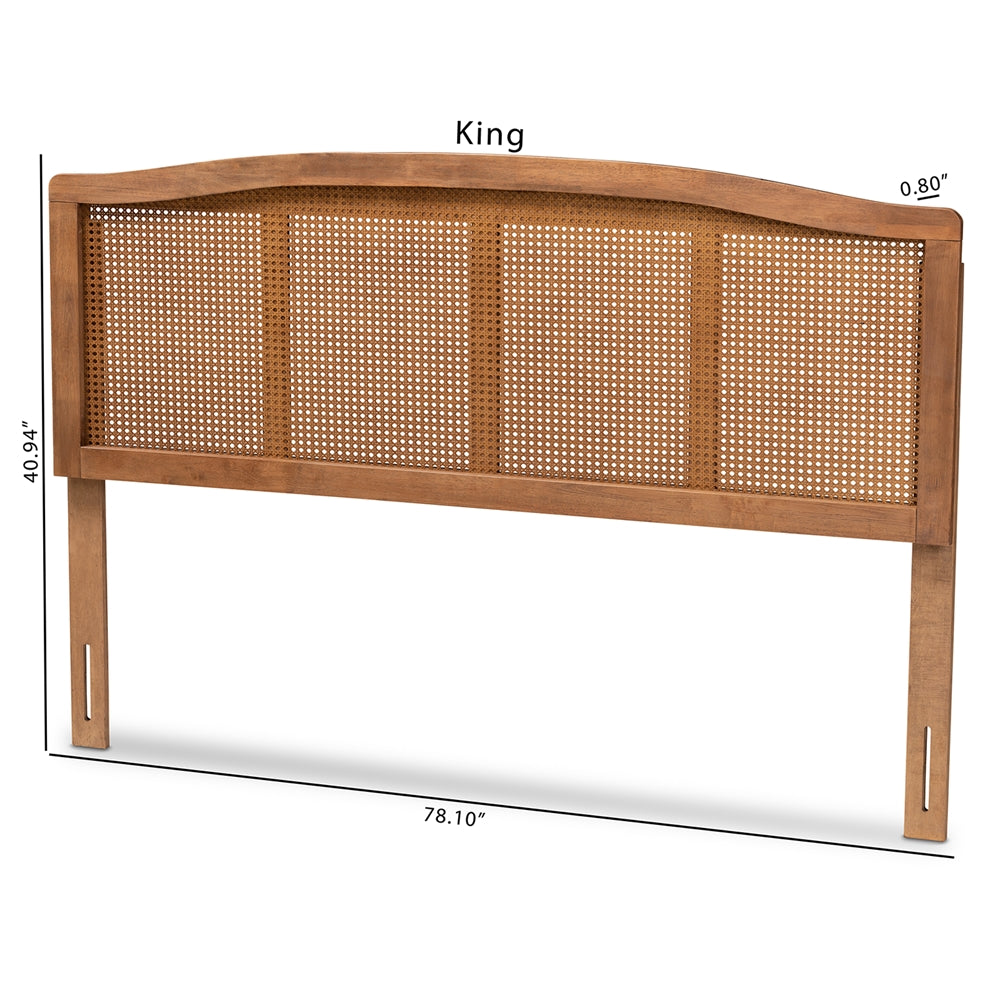 Marieke Mid-Century Modern Ash Wanut Finished Wood and Synthetic Rattan King Size Headboard