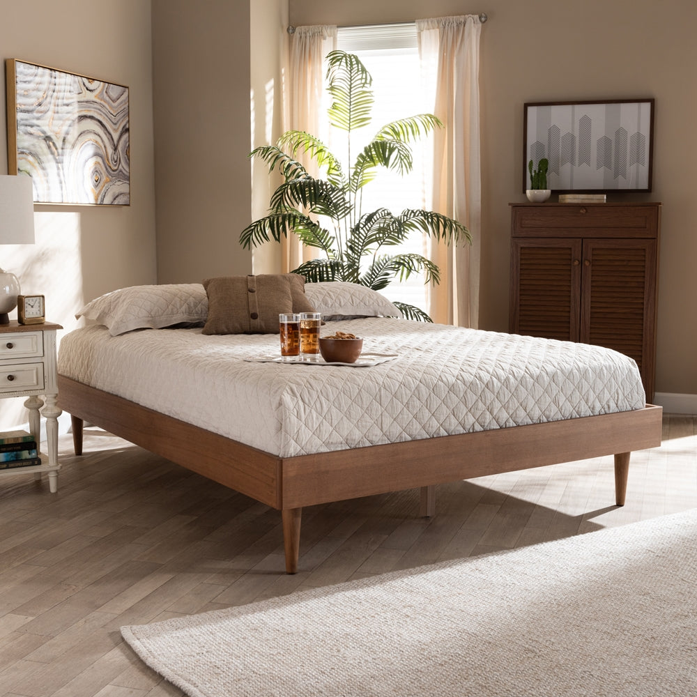 Rina Mid-Century Modern Ash Walnut Finished Queen Size Wood Bed Frame