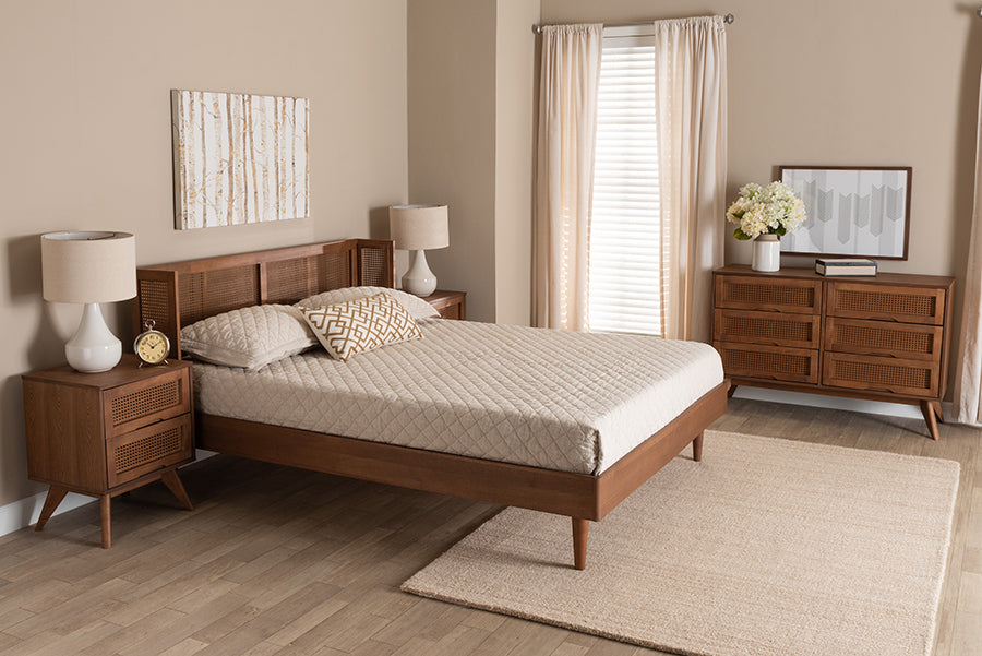 Rina Mid-Century Modern Ash Walnut Finished Wood 4-Piece Full Size Bedroom Set With Synthetic Rattan