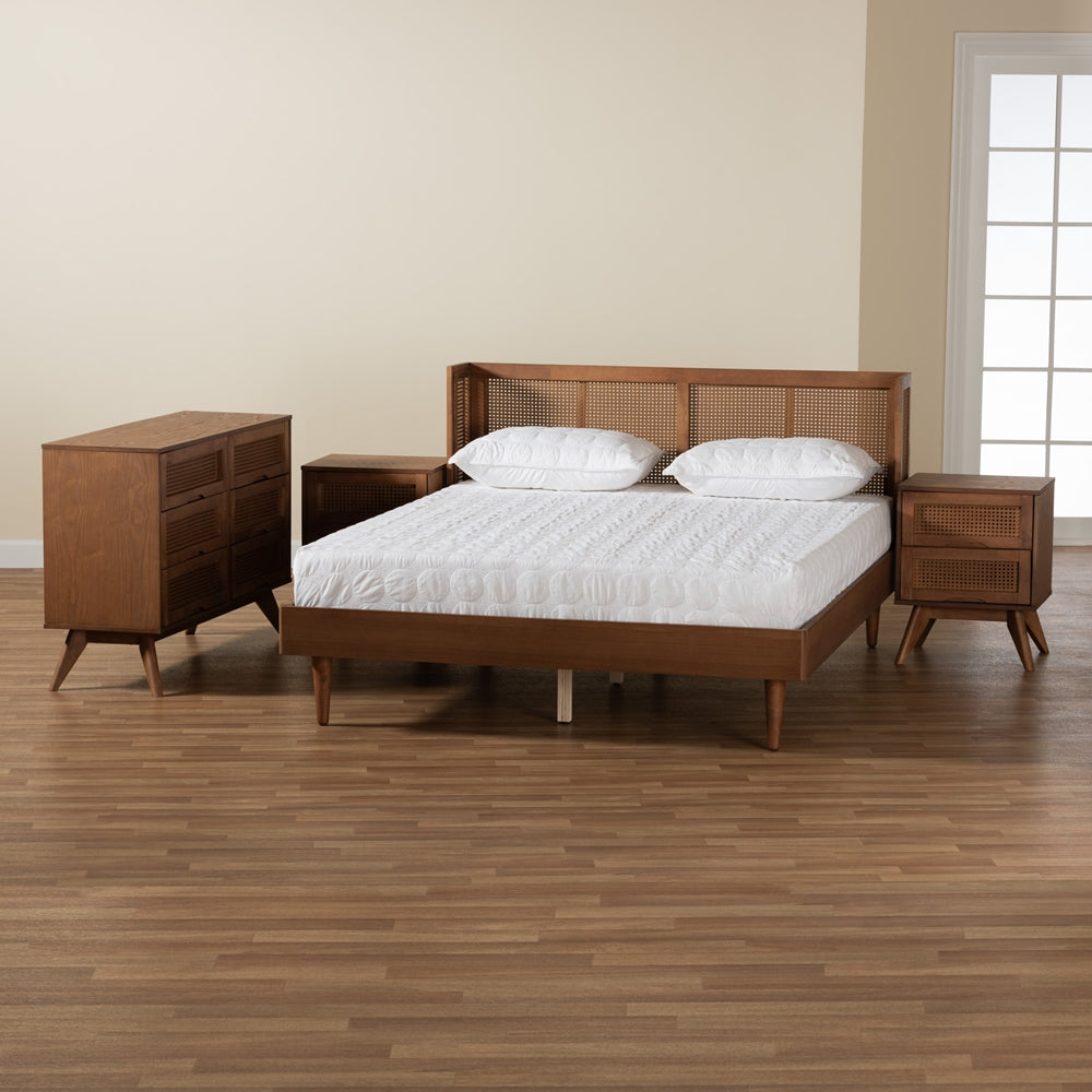 Rina Mid-Century Modern Ash Walnut Finished Wood 4-Piece Full Size Bedroom Set With Synthetic Rattan