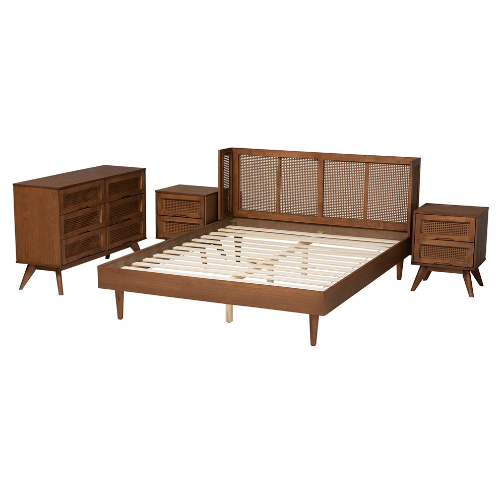 Rina Mid-Century Modern Ash Walnut Finished Wood 4-Piece Queen Size Bedroom Set With Synthetic Rattan