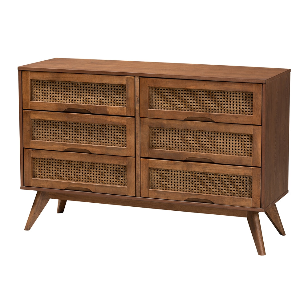 Rina Mid-Century Modern Ash Walnut Finished Wood 4-Piece Queen Size Bedroom Set With Synthetic Rattan