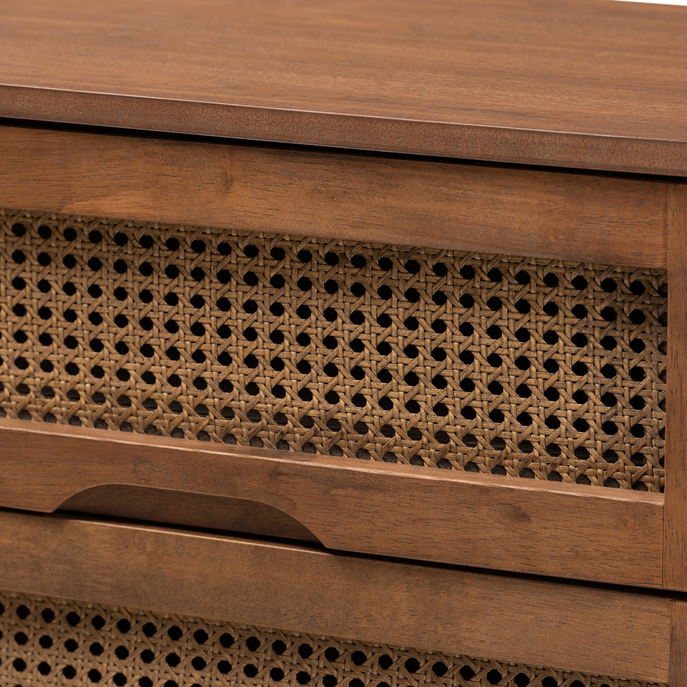 Rina Mid-Century Modern Ash Walnut Finished Wood 4-Piece Queen Size Bedroom Set With Synthetic Rattan